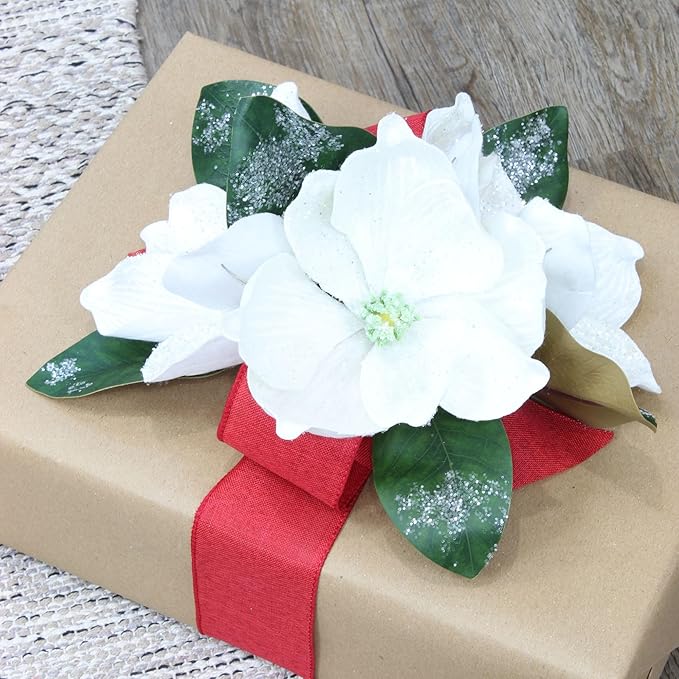 AuldHome Design Magnolia Floral Picks (3-Pack, White); Artificial Magnolia Greenery Flowers for Christmas and Seasonal Decor