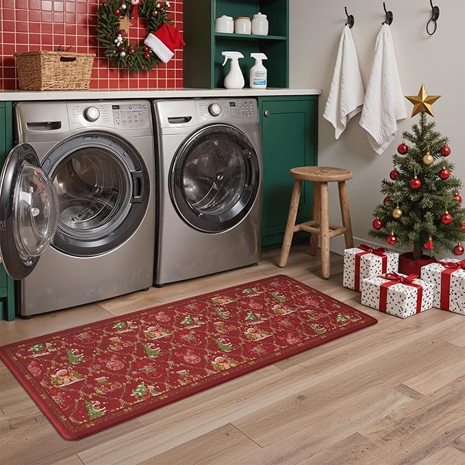 GENIMO Christmas Decorations - Kitchen Mats for Floor, 2PCS Christmas Kitchen Rugs, Cushioned Anti Fatigue Mat for Home Decor, Waterproof Non Slip Standing Mat for Laundry, 17.3"x59"+17.3"x30", Red