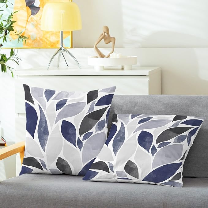 CaliTime Throw Pillow Cases Pack of 2 Cozy Fleece Falling Dahlia Floral Flowers Petals Decorative Cushion Covers for Couch Bed Sofa Farmhouse Decoration 20 X 20 Inches Navy Blue Grey