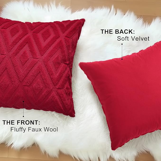 decorUhome Christmas Couch Throw Pillow Covers 18x18 Set of 2, Decorative Soft Plush Faux Wool Neutral Accent Pillow Covers for Bed Sofa Living Room, Red