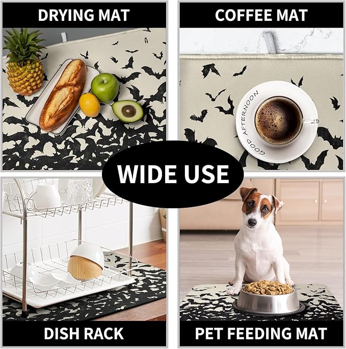 Halloween Bats Halloween Dish Drying Mat for Kitchen Counter 18x24 Inch Microfiber Absorbent Drying Mats Washable Dishes Drainer Mats Reusable Dish Rack Pad for Coffee Bar