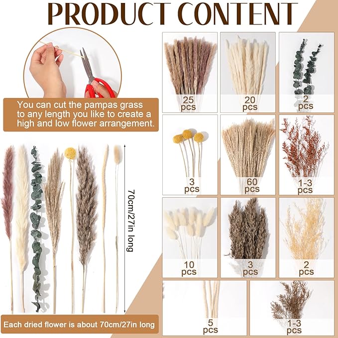 135 Pcs Dried Pampas Grass Decor Dining Table Centerpiece with 2 Pcs 6.3in Vase DIY Boho Decor Natural Dried Pampas Grass for Home Decor Birthday Party Thanksgiving Christmas Weddings Decor