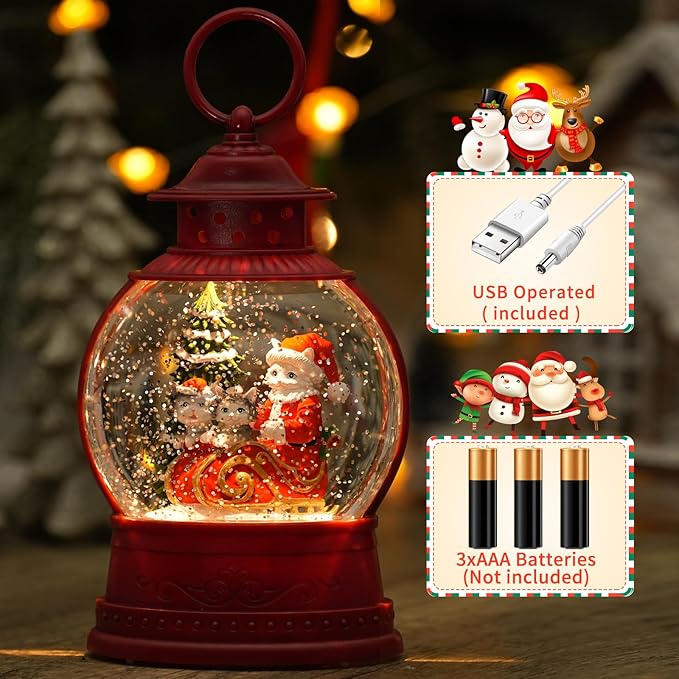 Christmas Santa Snow Globes, Cat Family Musical Snow Globe Light up Swirling Glitter Snow Globe Red Lantern with Timer, Christmas Tree Holiday Party Gifts and Decorations, USB & Battery Operated