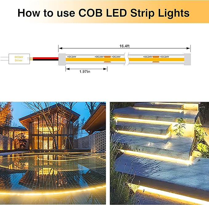 COB LED Strip Lights,2700K Warm White,24V led Light Strips Waterproof,480LEDs/M,16.4ft/5M,CRI90+ Outdoor cob led,Ip67 led Strip for Bathroom Decor,Pool,Garden,(Power Not Included)