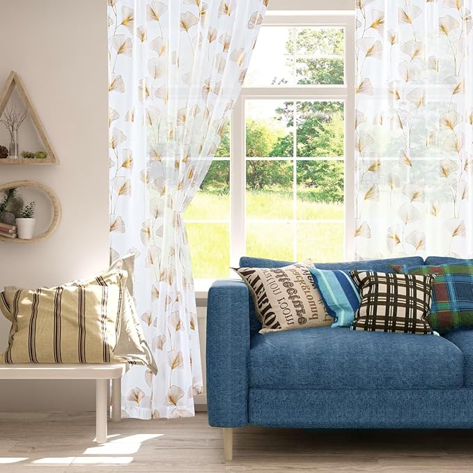 Gold Foil Print Sheer Curtains 84 inches Long, 2 Panels Ginkgo Bronzing Treatment Sheer Curtain, Rod Pocket Window Treatment Panels for Bedroom Living Room