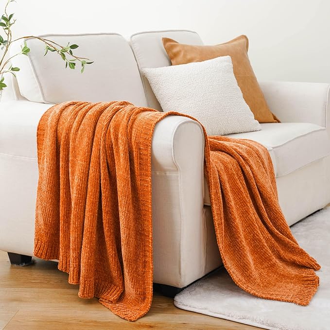 BATTILO HOME Orange Chenille Throw Blanket for Fall Decor, Fall Knit Throw Blankets, Soft Cozy Pumpkin Color Throw Blankets for All Seasons, 51"x67"