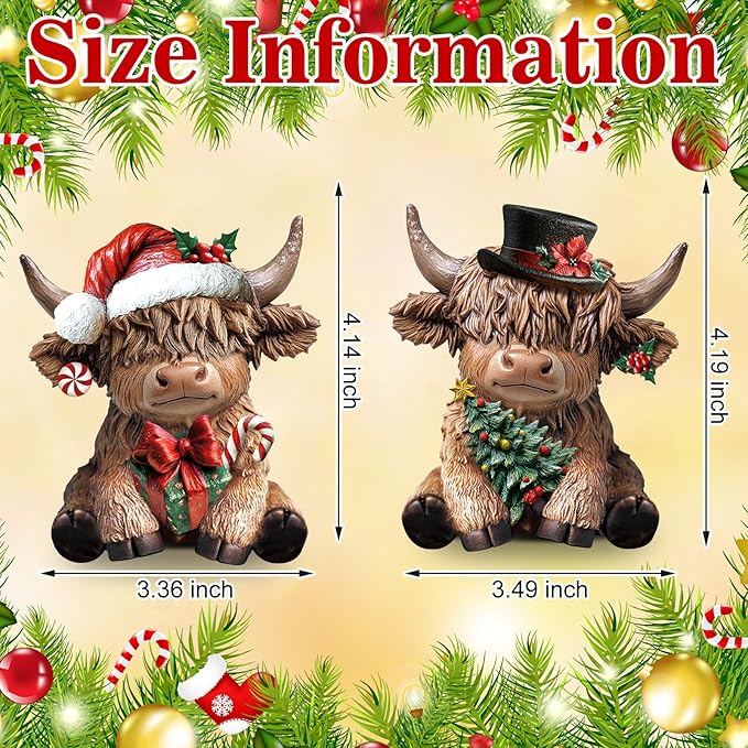 Karenhi 2 Pcs Highland Cow Figurines Christmas Poinsettia Candy Cane Tree Highland Cow Gnomes Scottish Resin Statue Calf Lovers Gifts for Xmas Home Garden Kitchen Office Tiered Tray Table Decor