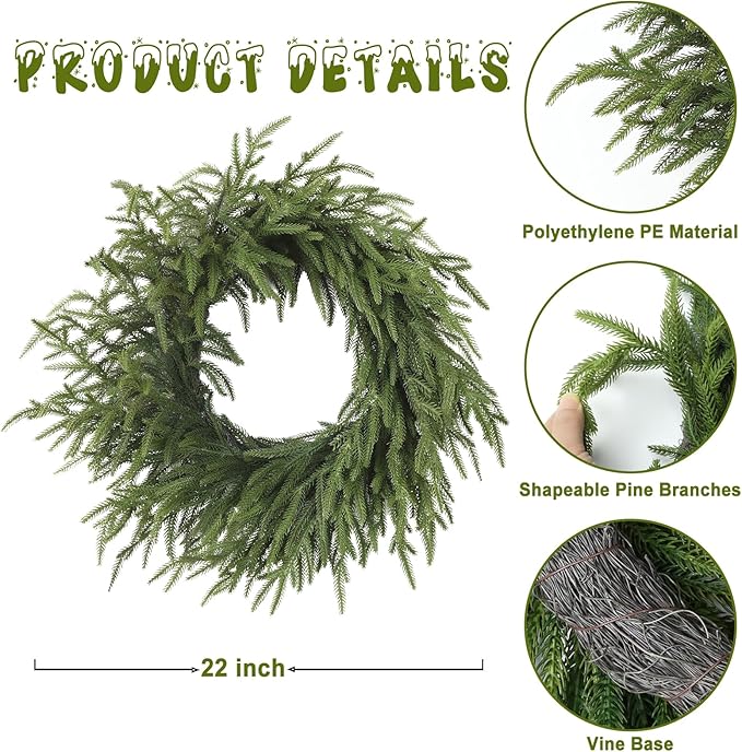 24 Inch Real Touch Christmas Wreath, Natural Droopy,Soft Bendable Winter Wreaths for Front Door, Christmas Wreaths for Front Door, Cedar Wreath, Indoor Christmas Decorations Outdoor for Home Decor