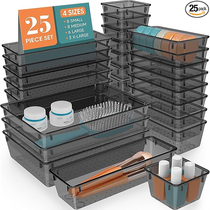25 PCS Drawer Organizer Set, 4 Varied Size Bathroom and kitchen Drawer cabinet organizer Trays, Clear Storage Bins for Makeup, Jewelry, Utensils and Gadgets,Black