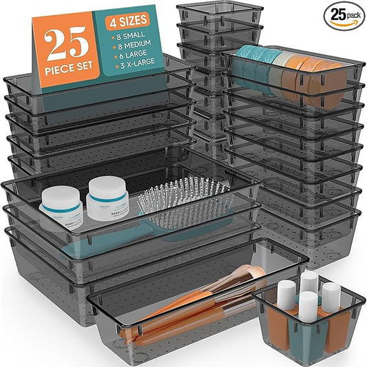 25 PCS Drawer Organizer Set, 4 Varied Size Bathroom and kitchen Drawer cabinet organizer Trays, Clear Storage Bins for Makeup, Jewelry, Utensils and Gadgets,Black