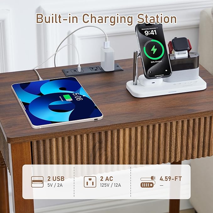 23.6” Large End Table with Charging Station, Modern Farmhouse Side Table Sofa Tables with Fluted Drawer, Wooden Bedside Table Night Stand for Bedroom Living Room Home Office, Walnut