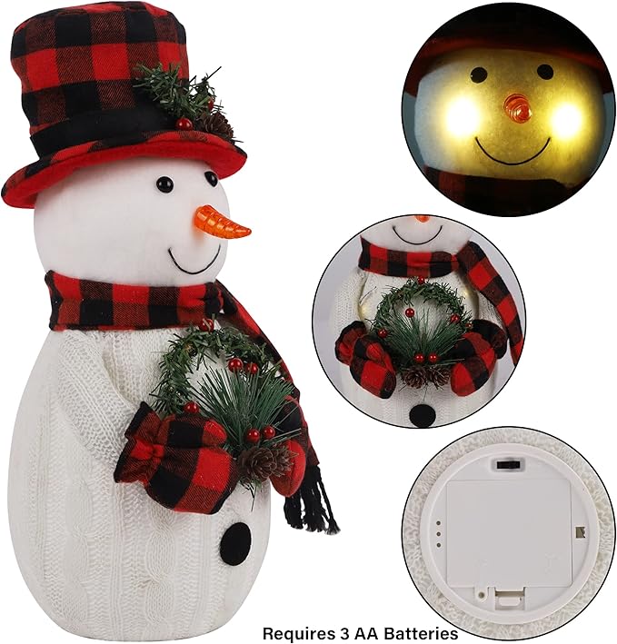 Christmas Lighted Snowman, 12" Snowman with Wreath Christmas Table Decorations, Red Black Plaid Snowman Xmas Decor for Home Kitchen Holiday Party