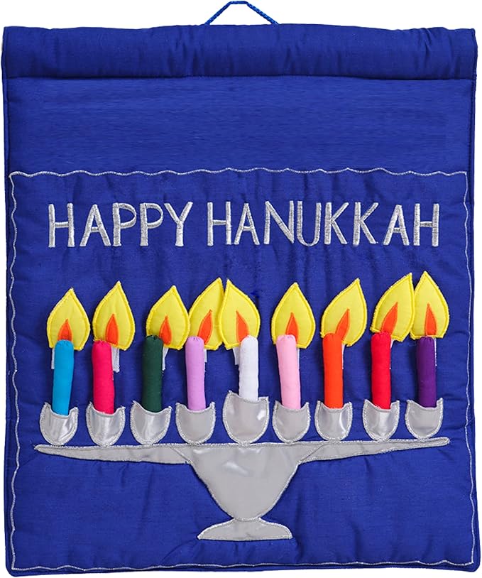 Blue Jewish Happy Hanukkah Menorah Wall Hanging by Pockets of Learning | Bris Milah Gift, Festive Hebrew Holiday Décor Judaica Fabric Advent Calendar | Chanukah Cloth Countdown with Candles and Pouch