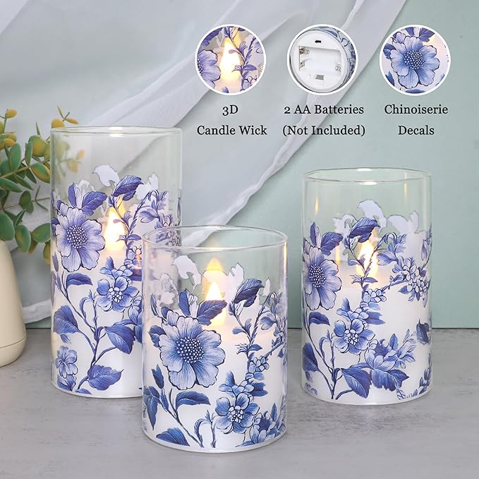 Impress Life Chinoiserie Decor Flameless Candles Blue and White Battery Operated with Remote & Timer Blue White Floral Printed Glass Flickering LED Pillar Candle for Wedding Party Home Table Decor