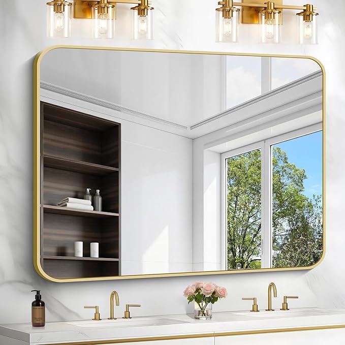 36"x48" Bathroom Mirror, Gold Rectangle Mirror, Large Rectangular Wall Mirror, Rounded Corner Vanity Mirror with Aluminum Metal Frame for Bathroom Bedroom Living Room Horizontal/Vertical