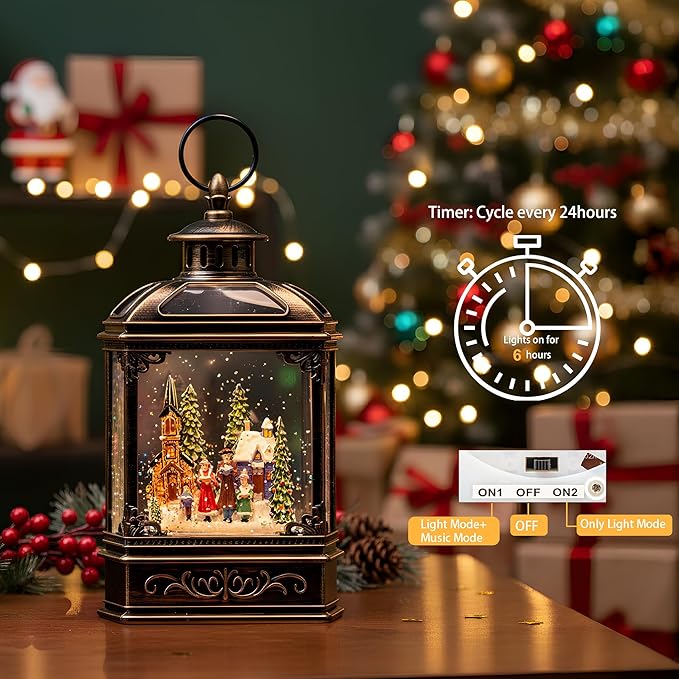 Musical Snow Globe Lantern Lighted Church Carolers Christmas Village Snow Water Lantern Swirling Glittering Home Decoration and Gift, Battery Operated or USB Powered
