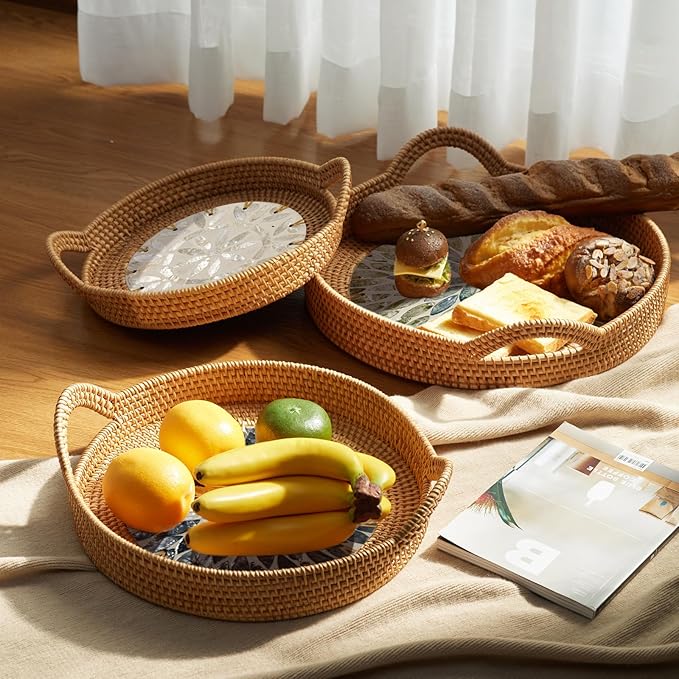 Handwoven Serving Tray with Handles, Set of 3 Round Ottoman Tray with Shell Inlay, Decorative Ratten Trays for Coffee Table, Farmhouse, Kitchen Counter, Housewarming Gift (13.4", 11.8", 10.6")