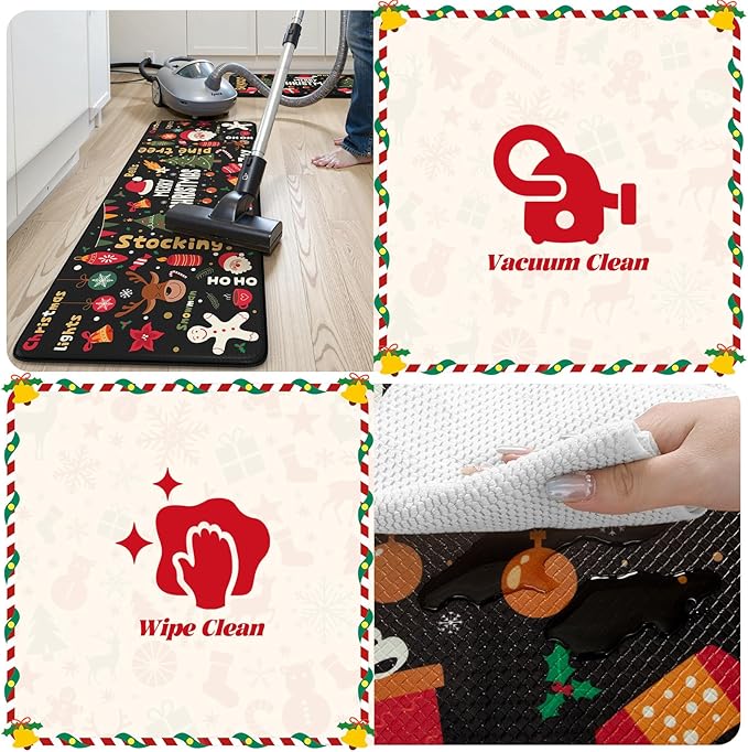 Collive Merry Christmas Kitchen Mats for Floor, Cushioned Anti Fatigue Kitchen Rug Set, 2 Piece Non-Skid Waterproof Kitchens Sink Rugs, Comfort Winter Xmas Tree Mat for Laundry Office Desk