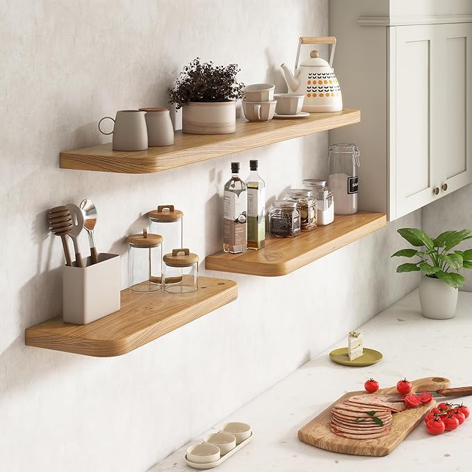 Rustic Elm Wood Floating Shelves for Wall Round Edge, 39"W x 9.2"D x 1.37"H, Set of 2 with Invisible Bracket, Wall Mounted Storage Shelves for Living Room Bedroom Kitchen Bathroom Decor, Natural