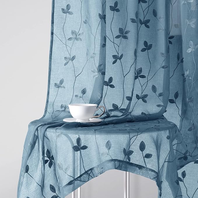 HOMEIDEAS Cyan Blue Sheer Curtains 52 X 63 Inches Length 2 Panels Embroidered Vine Floral Pattern Pocket Faux Linen Semi Sheer Voile Window Drapes for Bedroom Living Room