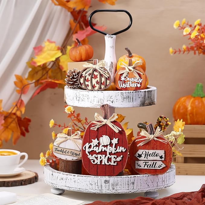 5 Pcs Fall Pumpkin Decor for Home Thanksgiving Wooden Table Centerpiece Decorations Fall Wooden Pumpkin Spice Signs for Autumn Farmhouse Kitchen Mantle Tabletop Supplies