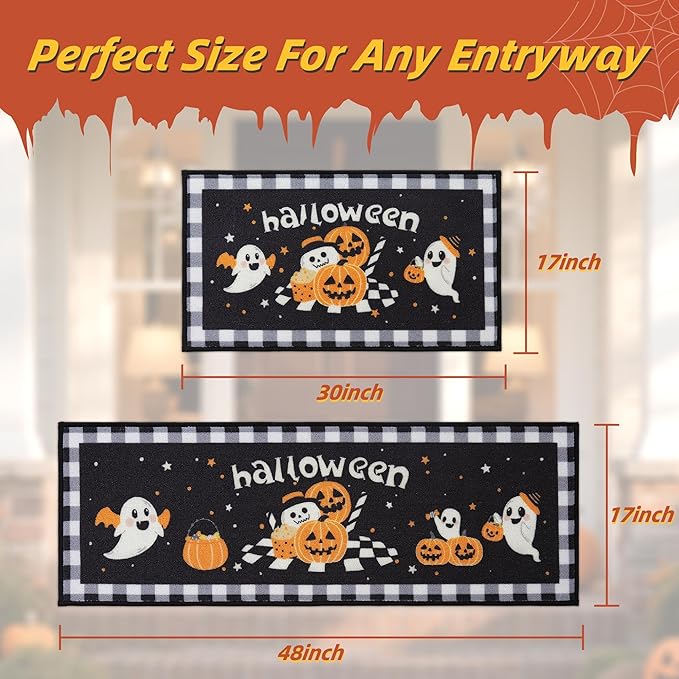 JSEI Halloween Holiday Kitchen Mats for Floor, Non-Slip Ghost and Pumpkins Decorative Kitchen Rugs Set of 2, Home Decor Low-Profile Kitchen Runner Rug Washable, 17"x30"+17"x48", Ghost and Pumpkins