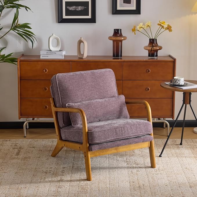 VINGLI Chenille Mid-Century Modern Accent Chair, Cute Reading Arm Chair with Cushion & Lumbar Pillow & Solid Wood Frame for Lounge, Living Room, Reading Room, Bedroom, Light Purple