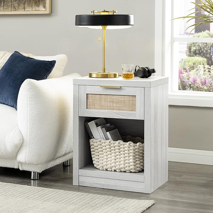 Nightstand Set of 2, Rattan Night Stand with Type-C Charging Station, Bedside Table with Drawer, Boho Bed Side Table End Table Accent Table for Bedroom Living Room (Pale Oak)