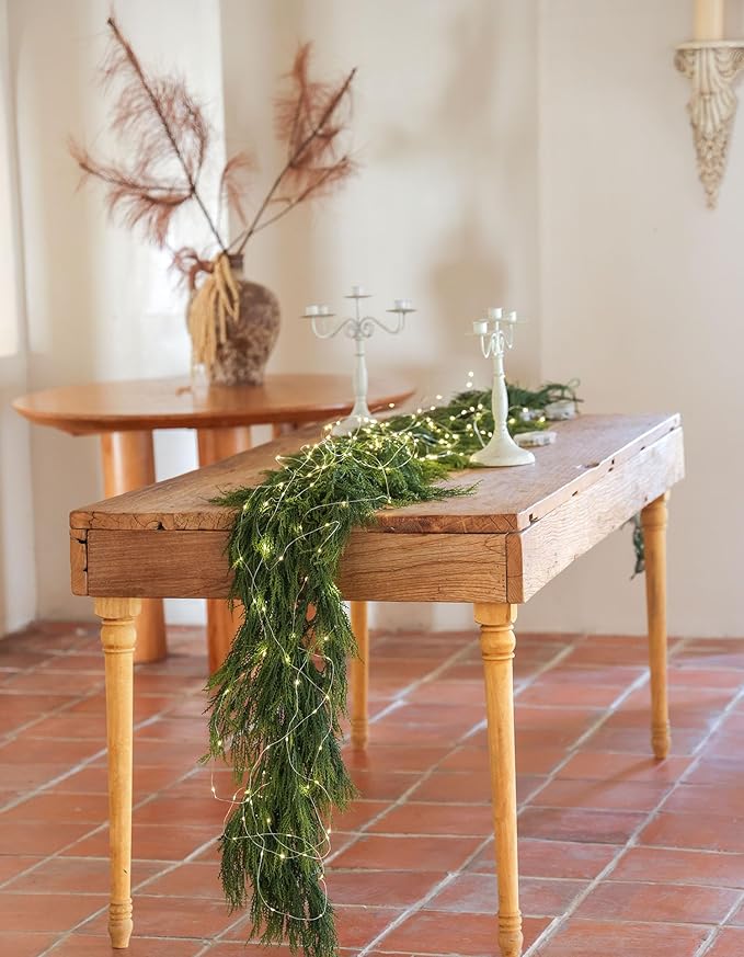 6ft Handmade Christmas Garland,Cedar Artificial Greenery with LED Lights,Seasonal Garland for Fireplace Winter Holiday Indoor Outdoor Decoration