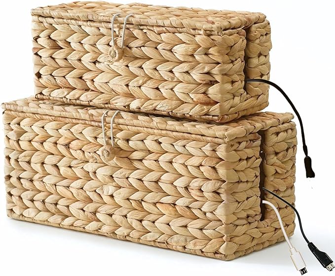 2-Pack Wicker Cable Management Box, Handmade Water Hyacinth Cable Organizer with Lid, Cord Hider Basket with 2 Slots for TV Wires, Power Strips, Surge Protector
