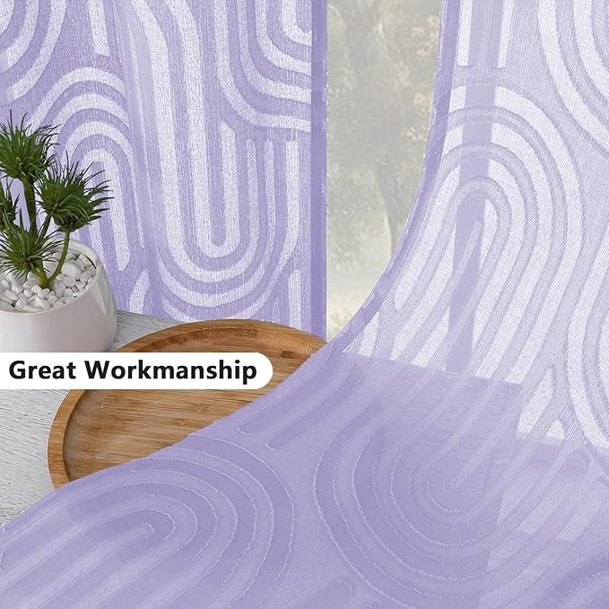Simplebrand Lavender Sheer Curtains 54 Inch Length 2 Panels, Geometric Mid Century Jacquard Clip Textured Short Curtains Sheer for Bedroom, Light Filtering Rod Pocket Window Curtains, 42Wx54L Inches