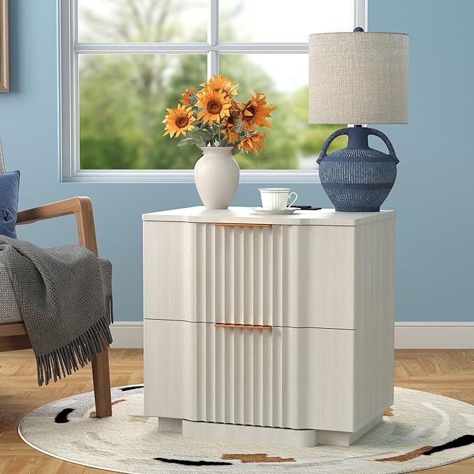 Yechen Fluted Nightstands Set of 2 with 20W Fast Charging Station - Large Wood Night Stands with 2 Storage Drawers, Modern Wide Bedside End Tables for Bedroom with Curved Profile Base, White Oak