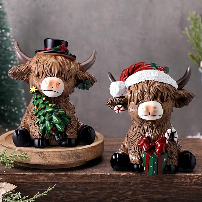 Karenhi 2 Pcs Highland Cow Figurines Christmas Poinsettia Candy Cane Tree Highland Cow Gnomes Scottish Resin Statue Calf Lovers Gifts for Xmas Home Garden Kitchen Office Tiered Tray Table Decor