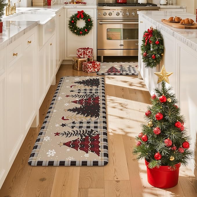 Merry Christmas Xmas Tree Kitchen Mats for Floor, Cushioned Anti Fatigue Kitchen Mat Sets of 2 Waterproof Sink Rugs, Buffalo Plaid Non Skid Comfort Standing Rug for Desk Home Decor, Tan/Black
