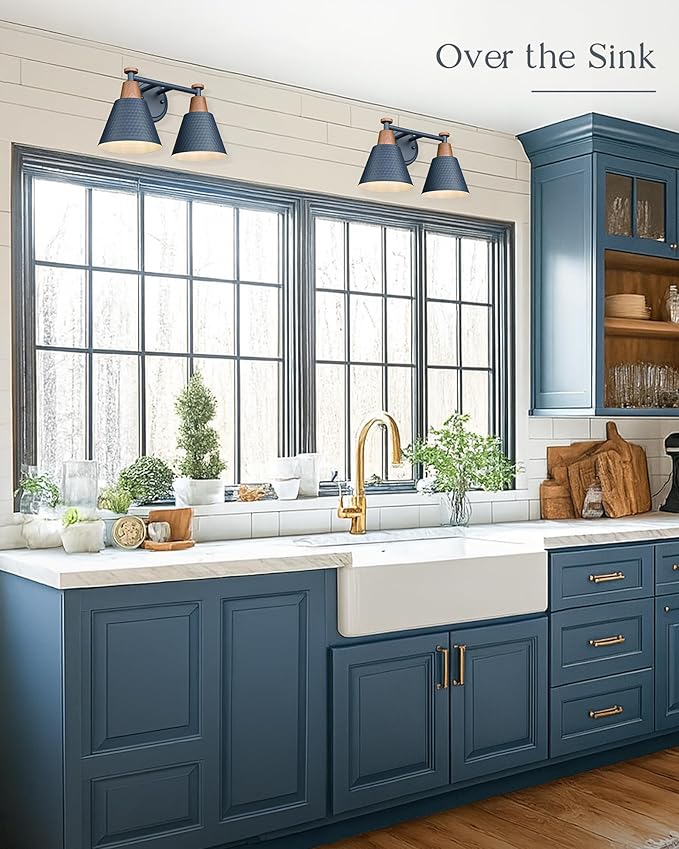 FEMILA 2 Light Bathroom Vanity Light, 15" Modern Bathroom Lighting Fixtures Over Mirror, with Woodgrain Finsih, 4FG59B-2W Blue-NW