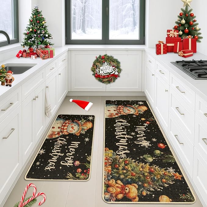 Christmas Snowflake Snowman Kitchen Rugs and Mats Non Skid Washable Set of 2, Xmas Kitchen Mats for Floor Decor