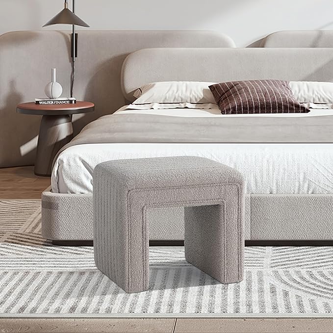 Get Set Style Vanity Stool Chair,Modern Boucle Ottoman Foot Stool with Wooden Legs Sofa Bench Footstool Extra Seat for Vanity,Makeup Room,Living Room,Entryway,Office (Fully Assembled)