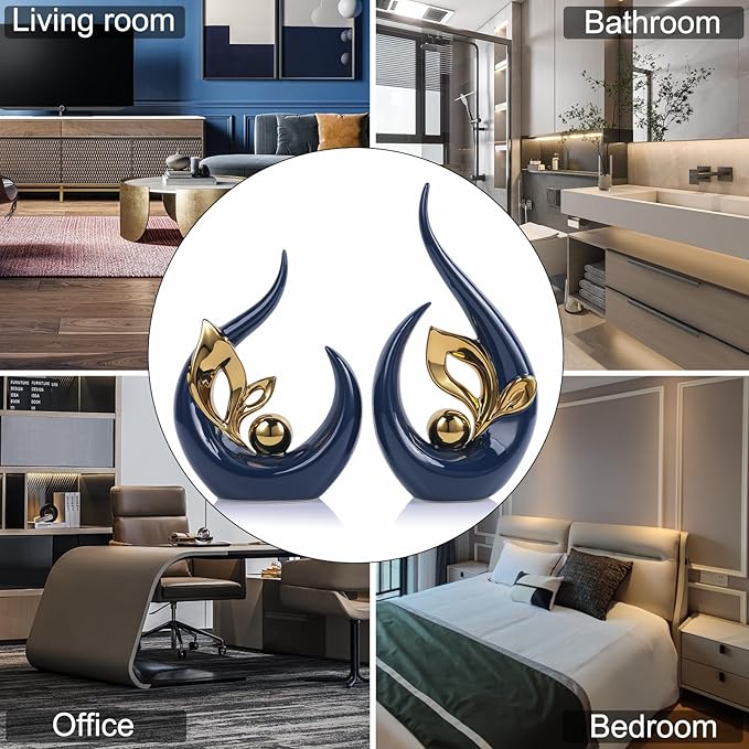 13" H Blue Gold Abstract Sculptures Home Decor, Ceramic Art Statue Cool Stuff to Put on Shelves&tv Stand Decor, Gold Accent Entertainment Center, for Fireplace Coffee Table Dining Table Decorate