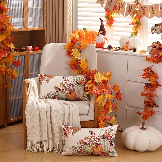 DFXSZ Fall Pillow Covers 12x20 inch Set of 2 Orange White Pumpkin Fallen Leaves Decorative Outdoor Throw Pillow Covers Autumn Thanksgiving Farmhouse Decoration for Home Couch TH27-A12