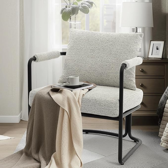 Mid-Century Modern Accent Chairs Set of 2, Comfy Upholstered Lounge Arm Chairs with Chenille Fabric for Living Room, Bedroom, Apartment, Reading Corner, Office, Light Grey