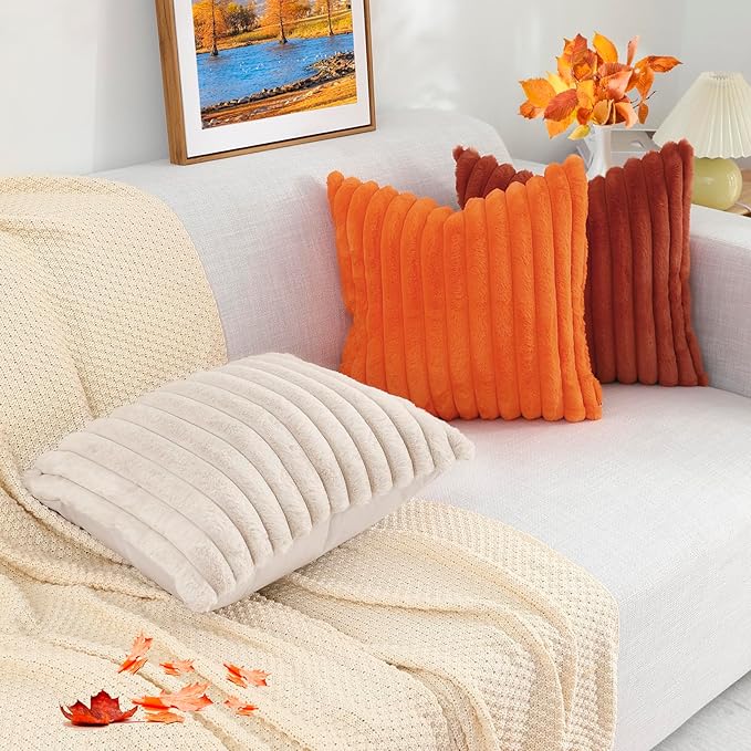 decorUhome Faux Fur Fall Throw Pillow Covers 12x20 Set of 2, Decorative Soft Plush Striped Lumbar Neutral Couch Euro Pillow Covers with Velvet Back for Sofa, Bed, Living Room Home Decor, Rust
