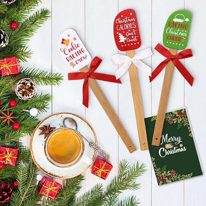 3PCS Christmas Silicone Spatula Set Decor Baking Gifts for Mom Flipping cake Food Grade Heat Resistant Kitchen Utensil Cooking Mixing Festival Wooden Handle and Ribbon Bows with greeting card present