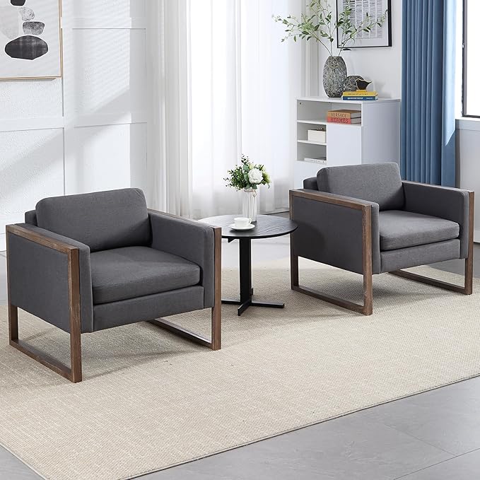 Kmax Modern Accent Chairs, Charcoal Fabric Upholstered Club Chair, Comfy Arm Reception Chairs for Living Room Hotel Conference, Walnut Wood