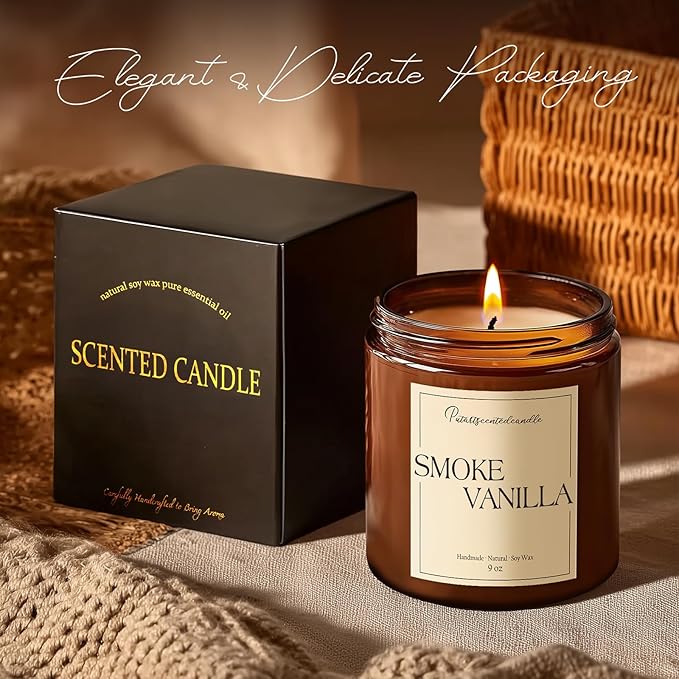 Somke Vanilla Scented Candles for Home, 9oz Natural Soy Wax Aromatherapy Organic Vanilla Candle for Stress Relief, Long Burning & Lasting Jar Candle Gifts for Birthday, Christmas, Thanksgiving