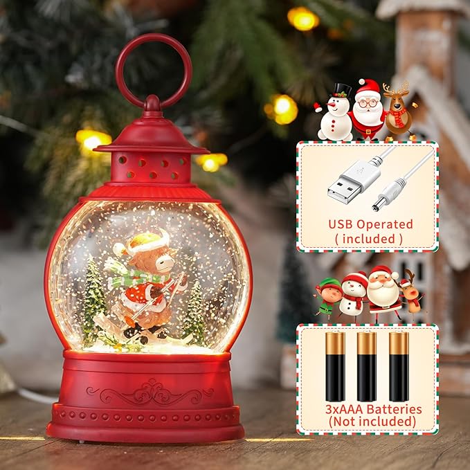 Christmas Snow Globes Skiing Yak Christmas Tree Holiday Music Lantern with Glittering & 6-Hour Timer, USB/Battery Powered Red Holiday Decoration for Desk Display