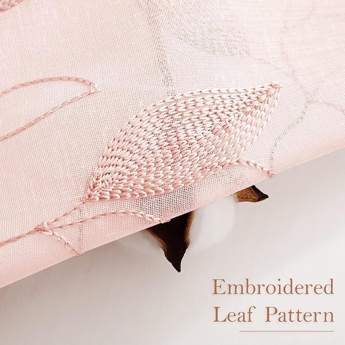 HOMEIDEAS Blush Pink Sheer Curtains 52 X 96 Inches Length 2 Panels Embroidered Leaf Pattern Pocket Faux Linen Floral Semi Sheer Voile Window Drapes for Bedroom Living Room
