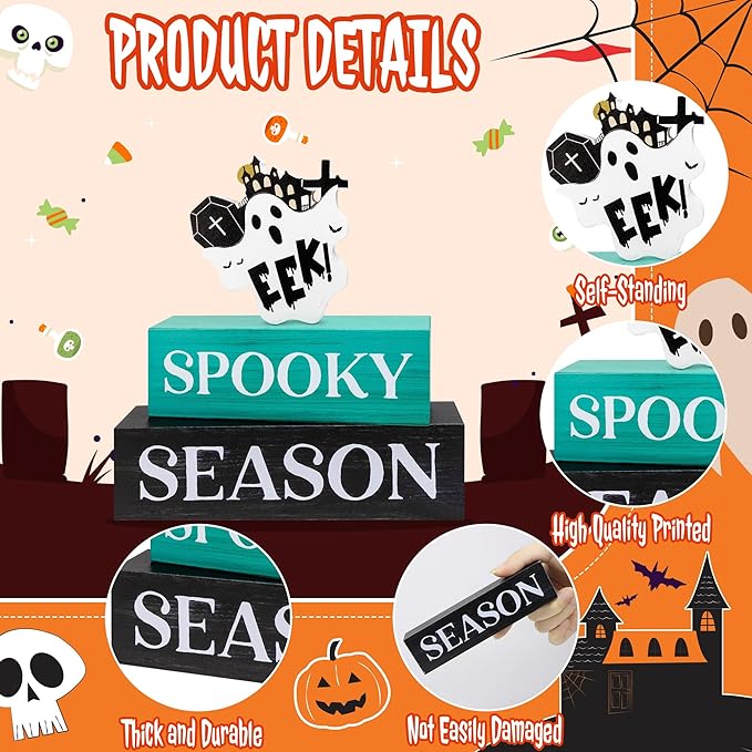 3 Pcs Halloween Wooden Tiered Tray Decor, Spooky Season Decorations Gifts for Home, Halloween Table Centerpiece for Fall Party Kitchen