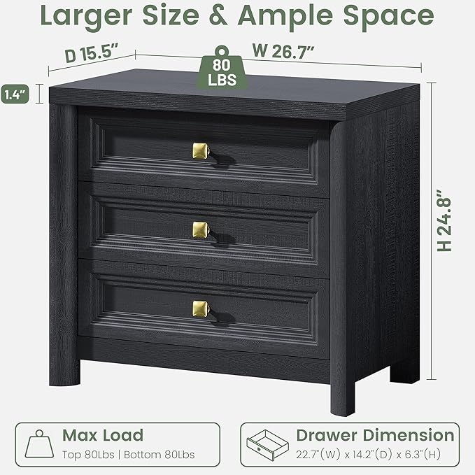 Farmhouse Black Nightstand with 3 Drawers, Rustic Bedside Table with Storage, Large Bed Side Table for Bedroom Living Room Home Office Furniture 24.8” Tall Nightstand with Gold Knobs