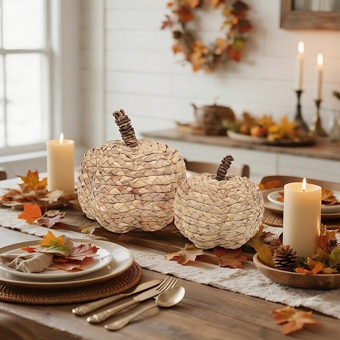 winemana 2 Pack Pumpkin Fall Decor Thanksgiving Decorative Pumpkins for Home Woven Cattail Figurines Farmhouse Autumn Decorations Fall Centerpieces for Table Porch Mantel Indoor (Beige)