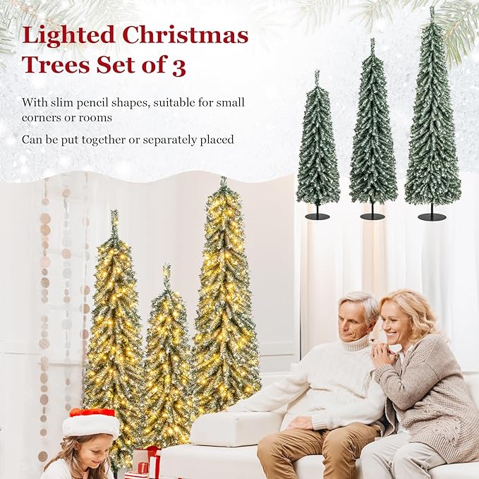 GOFLAME Set of 3 Pre-Lit Artificial Christmas Tree, Flocked Pencil Xmas Trees 4FT, 5FT and 6FT with Drooping Branches, Soft White Cotton, LED Lights, Holiday Decoration Tree for Home Office Party